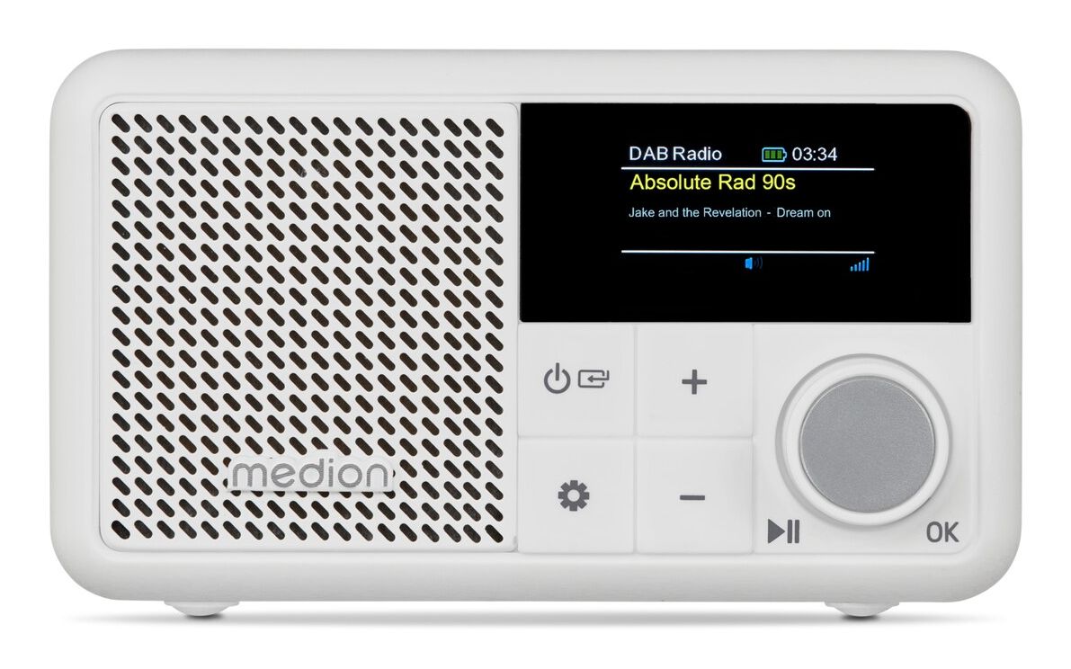MEDION LIFE S66822 Draagbare mini DAB+ radio met Bluetooth (accu tot 6,5 uur, klein, dimbaar kleurendisplay, telescoopantenne, wekker, AUX, USB-C) wit