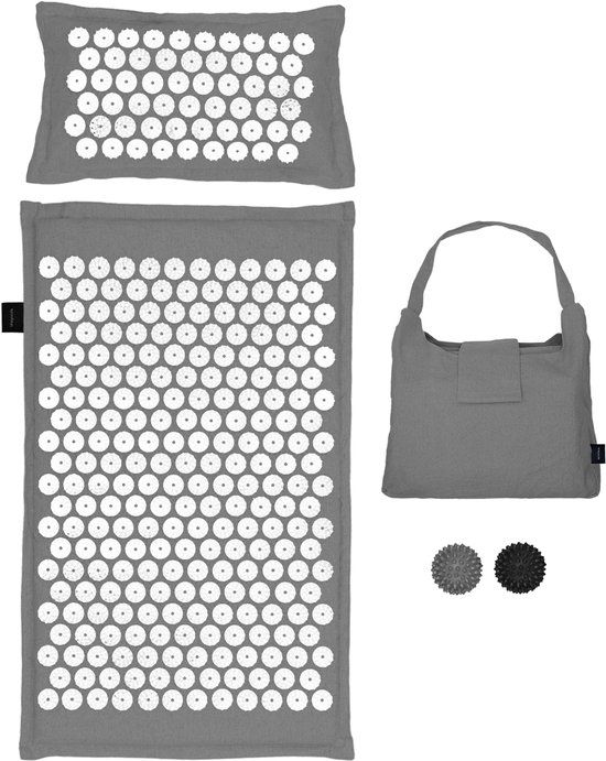 LifeGoods Acupressuur Mat Eco - 72x43x2cm - Spijkermat met Kussen - Shakti mat - Spijkerbed Incl. 2x Triggerpoint Bal en Draagtas - Grijs/Wit
