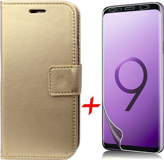 iCall Samsung Galaxy S9 Hoesje Lederen Siliconen TPU Bookcase + Screenprotector PET Glas Folie - Goud