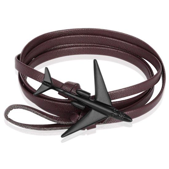 LGT JWLS LGT Jewels Wrap armband Heren Leer Vliegtuig Anker Zwart Bruin