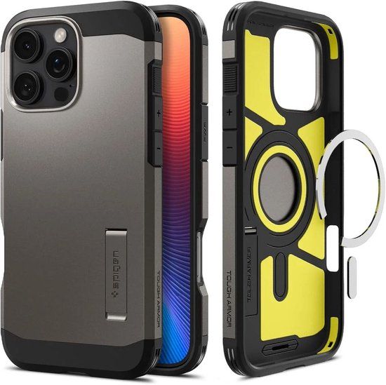 Spigen Tough Armor Hoesje Geschikt voor Apple iPhone 16 Pro | Compatibel met MagSafe | Back Cover | Kickstand | Gunmetal