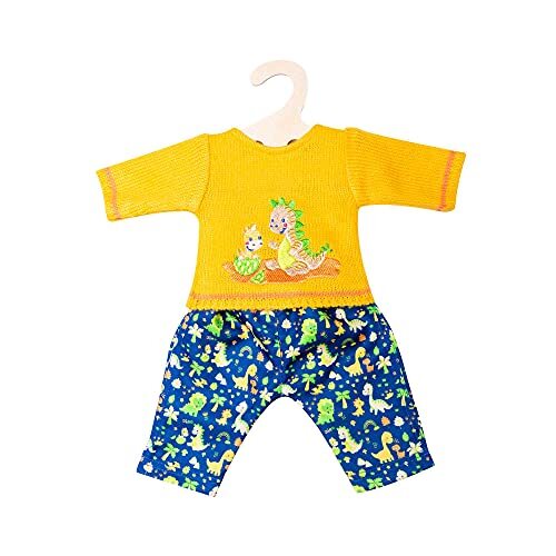 Heless 2134 2134-kledingset voor poppen in dino-design, 2-delig met gebreide trui en kleurrijk bedrukte broek, maat 35-45 cm, meerkleurig