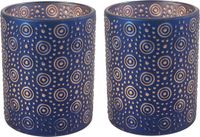 Countryfield Luxe theelichthouder - 2x stuks - Glas - Nachtblauw/Goud
