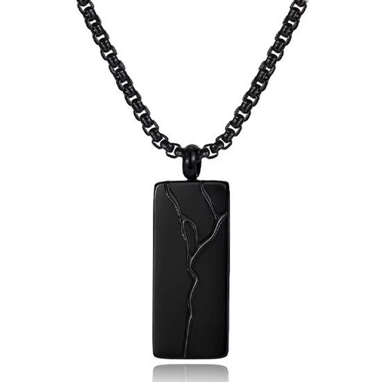 Mendes Zwarte Heren Ketting met Rechthoekige Hanger in Edelstaal