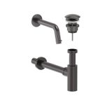 MAY Fonteinkraan Combiset Stilo Wandmodel Fonteinkraan, Designplug Always Open & Designsifon Geborsteld Carbon Black PVD