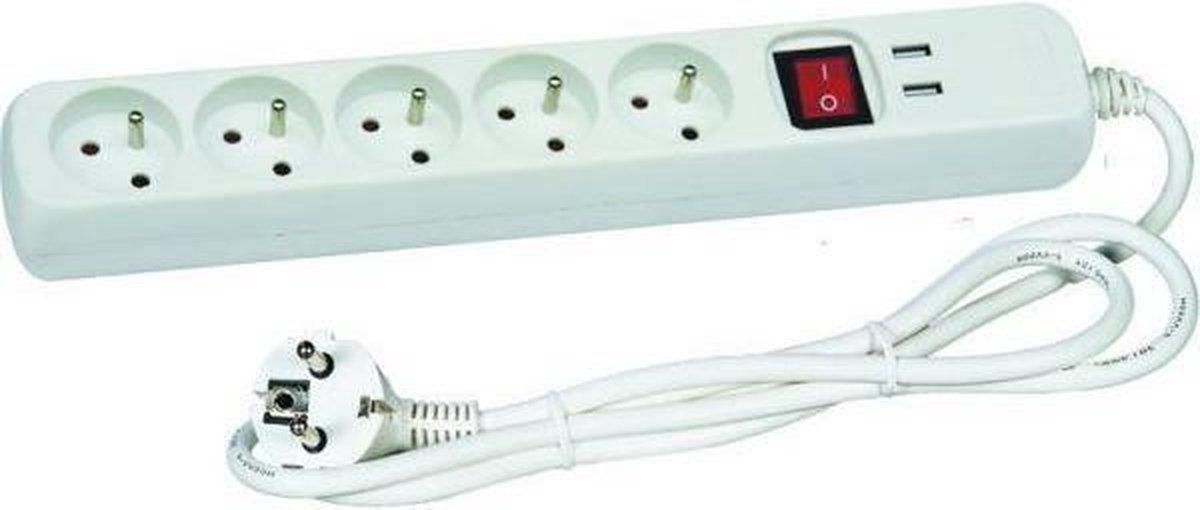 Voltman Wit blok 5 stopcontacten 2 Polen + aarde + 2 USB-poorten - Met schakelaar