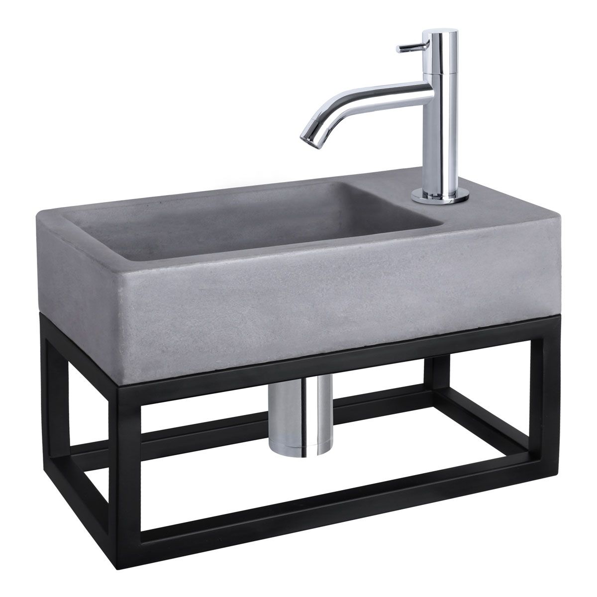 Differnz Fonteinset Force Rechthoek 40x22x23.5cm Beton Donkergrijs Handdoekrek Gebogen Toiletkraan Clickwaste Sifon Chroom
