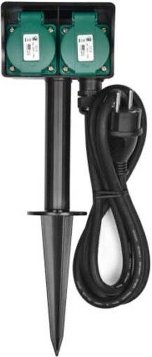 Heitech Tuinstekkerdoos - Grondspies - 2 stopcontacten - Zwart/Groen