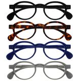 OPULIZE OCA Leesbrillen - 4-Pack - Modern Retro Rond Montuur - Zwart, Bruin, Blauw, Grijs - Heren Dames - Veerscharnieren - RRRR54-1237 - +3.50