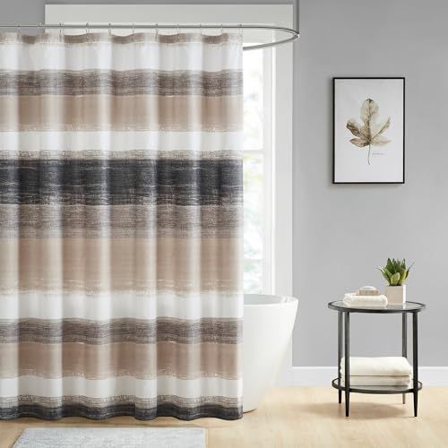 Madison Park Essentials douchegordijn, aquarel print multi taupe douchegordijn voor badkamer, moderne badkamer D cor, wasbaar microvezel stof douchegordijn, saben, 72 x 72 cm, taupe/zwart