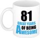 Bellatio Decorations Shoppartners Bv Verjaardag 81 jaar Koffiemok Cadeau - Great years of being awesome - wit/blauw - beker - Jubileum - voor heren - mannen