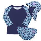 Bambino Mio Splash About 3-delige baby zwemset met herbruikbare zwemluier, UV-zwemshirt en zonnehoedje - Blauwe Walvis motief