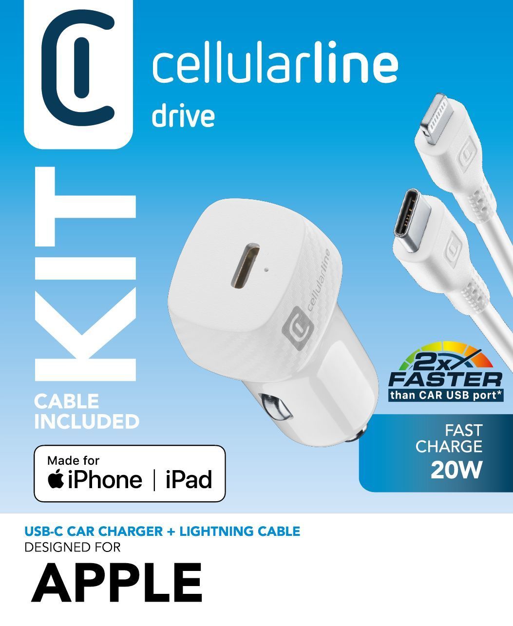 Cellularline Autolader Kit 20W USB-C naar Lightning - Wit