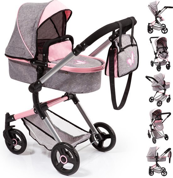 Bayer Design Neo Vario combinatie poppenwagen grijs/roze, met vlinder