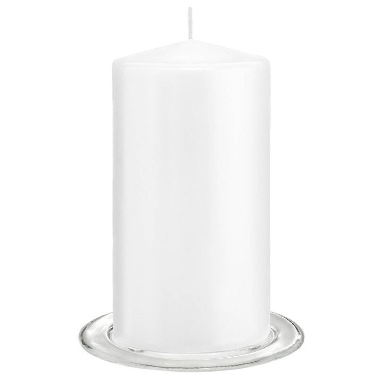 Trend Candles - Stompkaarsen met glazen onderzetters set van 2x stuks helder wit 8 x 15 cm