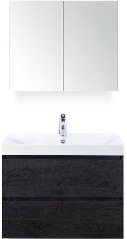 BES LED Maxx XL Badmeubelset 80 cm - Black Oak - Wastafel Just 1 Kraangat met Spiegelkast