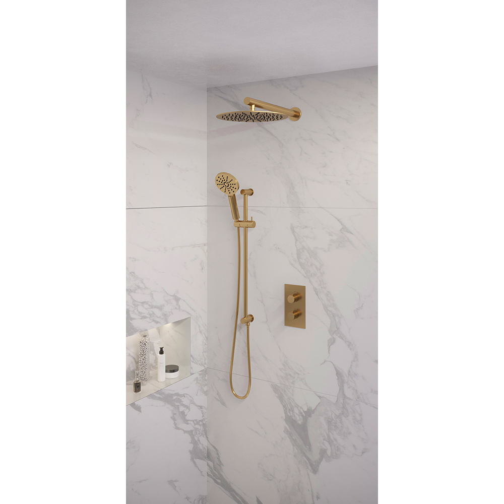 Brauer Brauer Gold Edition regendoucheset glijstang, rechte muurbuis en ronde handdouche 3-weg Ø30cm goud