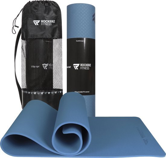 Rockerz Fitness Yoga mat - Fitness mat blauw - Sport mat - Yogamat anti slip & eco - Extra Dik - Duurzaam TPE materiaal - Incl Draagtas van Rockerz Fitness®