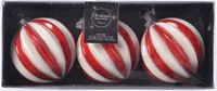 Decoris Luxe kerstballen - 3x - rood/wit gestreept - D8 cm - glas - glitter - brass