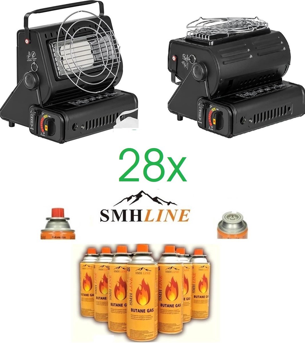 SMH LINE SMH LINE® - 2 in 1 Draagbare Gaskachel -Straalkachel - Buitenkachel | Camping Heater | Kacheltje | Terrasverwarming INCLUSIEF 28x Gasflessen en Kookrooster