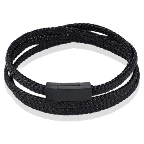 LGT JWLS Mendes Wikkelarmband Gevlochten Leer Edelstaal Zwart