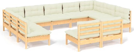 vidaXL 11-delige Loungeset met crèmekleurige kussens grenenhout