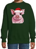 Bellatio Decorations Kersttrui / sweater boerderijdieren - kinderen - Varken - groen - kerstmuts - Kerstmis 134/146