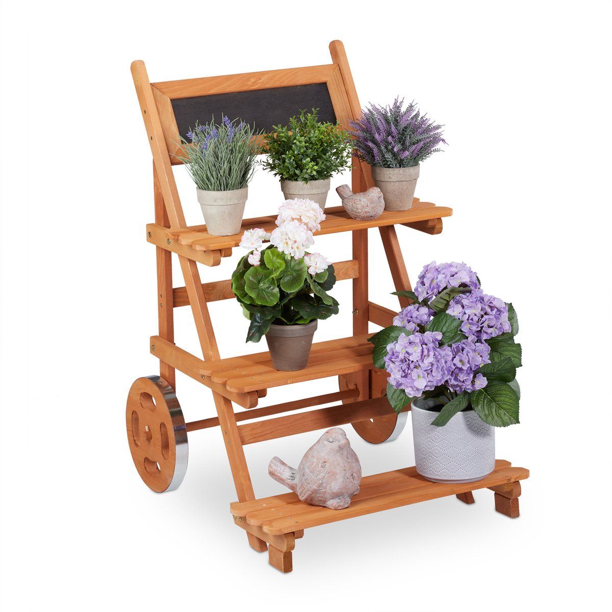 Relaxdays plantenrek op wielen - 3 etages - bloementrap hout - bloemenrek binnen - balkon