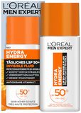 L'Oréal Men Expert Crème solaire UV SPF 50 pour Homme, fluide invisible pour Visage contre les rayons du soleil, crème solaire Homme SPF 50+ anti-vieillissement cutané avec Vitamine C, Hydra Energy, 1 x 50