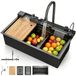 Spoelbak, gootsteen 1 wastafel, inbouwspoelbak, keukenspoelbak, wastafel keuken met sifon, overloop en afvoergarnituur, multifunctionele moderne waterval keukenspoelbak met accessoireset, 80 x 45 x 23