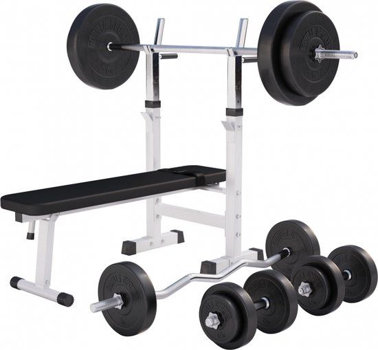 Gorilla Sports Halterbank Wit met 100 kg halterset - Fitnessbank - Verstelbaar - Halterstang met gewichten - Kunststof