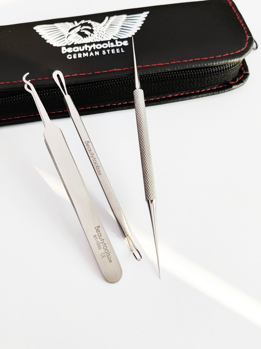 Beautytools.be BeautyTools INOX FACE-CARE-ESSENTIALS Set/ Verzorgingsset voor mee-eters, Vetpuntjes en puisten/ 3 - delige Gezichtsverzorging set inclusief opberghoesje - (ST - 3011)