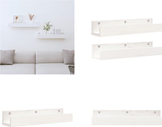 vidaXL Wandschappen 2 st 50x12x9 cm massief grenenhout wit