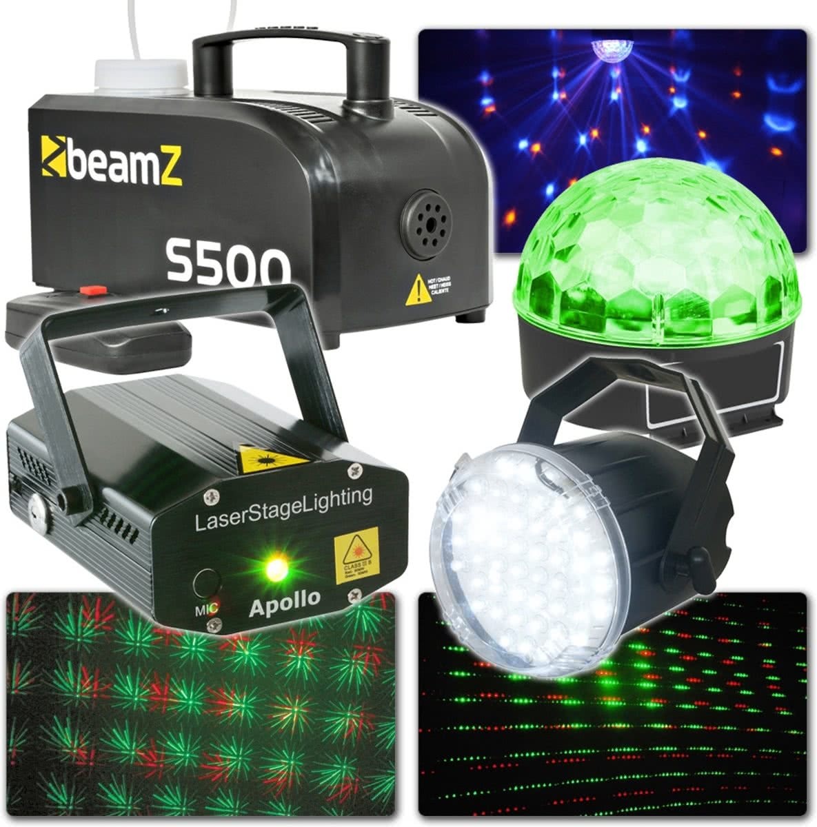 BeamZ Complete lichtset met 2 LED Effecten, een Laser en een rookmachine! Maakt van je feestje een ware party