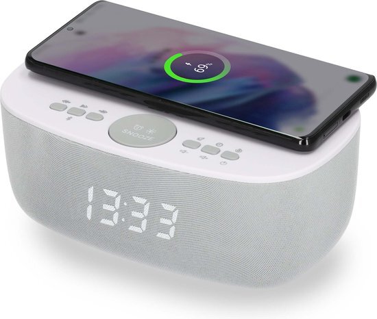 Autovision 28BT Wekkerradio Digitaal met QI draadloze telefoonoplader - Ingebouwde Bluetooth speaker - USB - Wit
