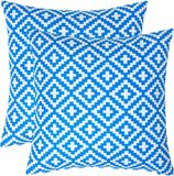 Homescapes Set van 2 outdoor kussens Zoe blauw-wit, tuinkussen 45x45 cm, geometrisch kussen voor terras en balkon