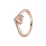 Pandora Sparkling Wishbone Heart 14-karaats rosévergulde wishbone-ring met heldere zirkoniasteentjes, 56
