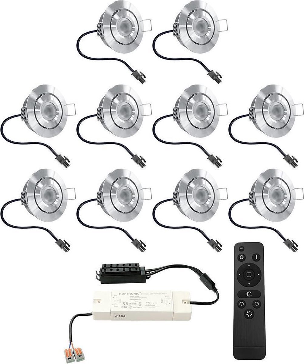 HOFTRONIC Sienna - Veranda Inbouwspots 10x3W - 12 Volt - Complete Veranda Set - 2700K zeer warm wit - IP44 Waterdicht - Dimbare Inbouwspots met Afstandsbediening - Kantelbaar - 5mm diameter - 30mm inbouwdiepte voor badkamer en tuin