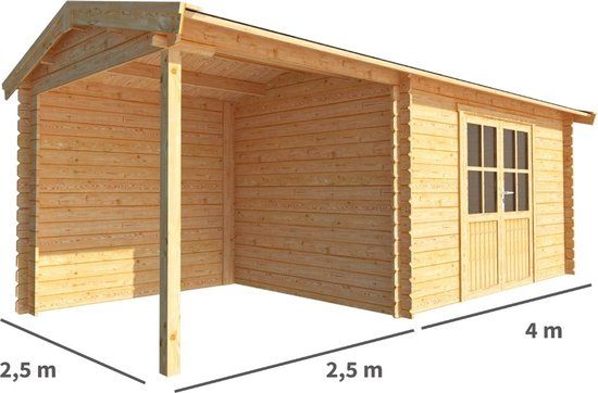 Merkloos Blokhut met overkapping Fenna 650 cm bij 250 cm diep Zadeldak bruin