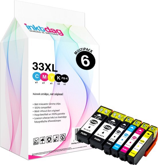 inktdag inktcartridges voor Epson 33XL, multipack van 6 kleuren (2*BK, 1*Foto-zwart, 1*CMY)