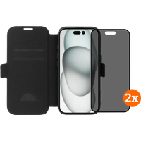 BlueBuilt Apple iPhone 16 Book Case Leer Zwart + Privacy Screenprotector Glas Duo Pack