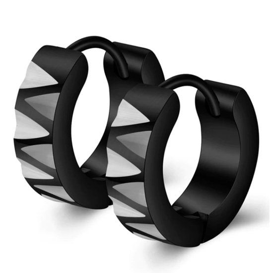 TJ Tom Jaxon Tom Jaxon Steel Zwarte stalen heren oorringen met zilverkleurige driehoeken