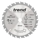 Trend Wood CSB/16224 Accu-cirkelzaagblad, diameter 162 mm, 20 mm boring, 24 tanden, 1,8 mm snijvoeg, +15° haak, TCT, gemiddeld oppervlak
