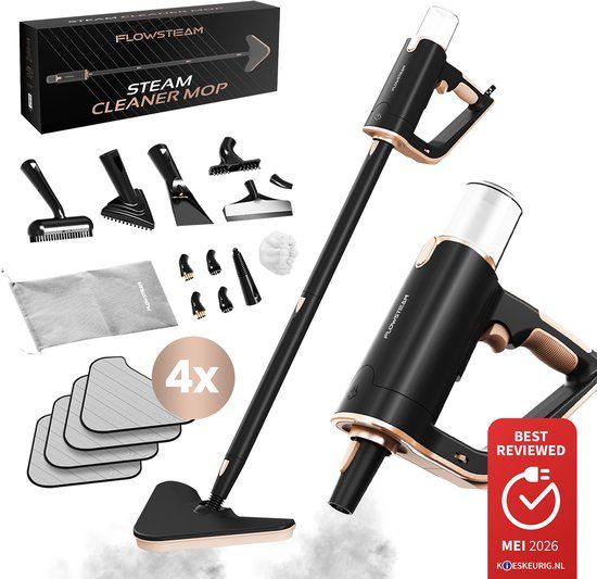 FLOWSTEAM Luxe Stoomreiniger - 13 Opzetstukken - 120° Stoom – Tapijtreiniger – Vlekkenreiniger – Zetelreiniger - Handstoomreiniger – 5M Snoer - Inclusief 4 Microvezeldoekjes