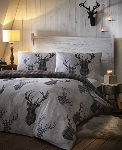 DE CAMA De Cama Tartan hert geruit dekbedovertrekset, omkeerbaar beddengoed, dekbedovertrek, kingsize, katoen en polyester, zwart en grijs