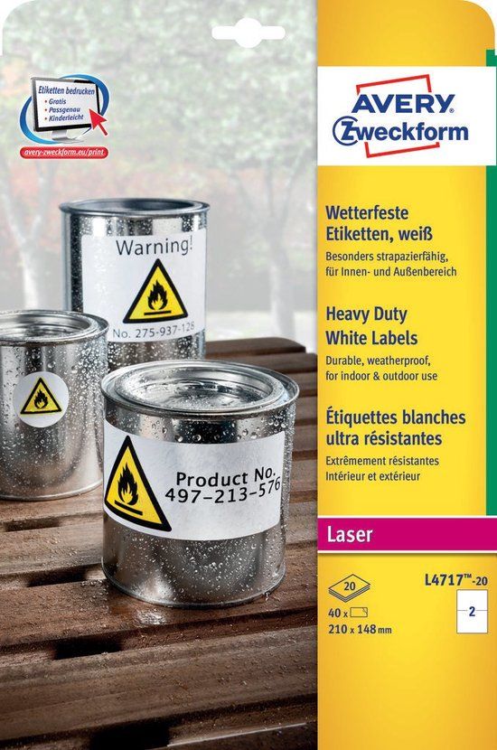 Avery Zweckform L4717-20 Folie-etiketten 210 x 148 mm Polyester folie Wit 40 stuk(s)