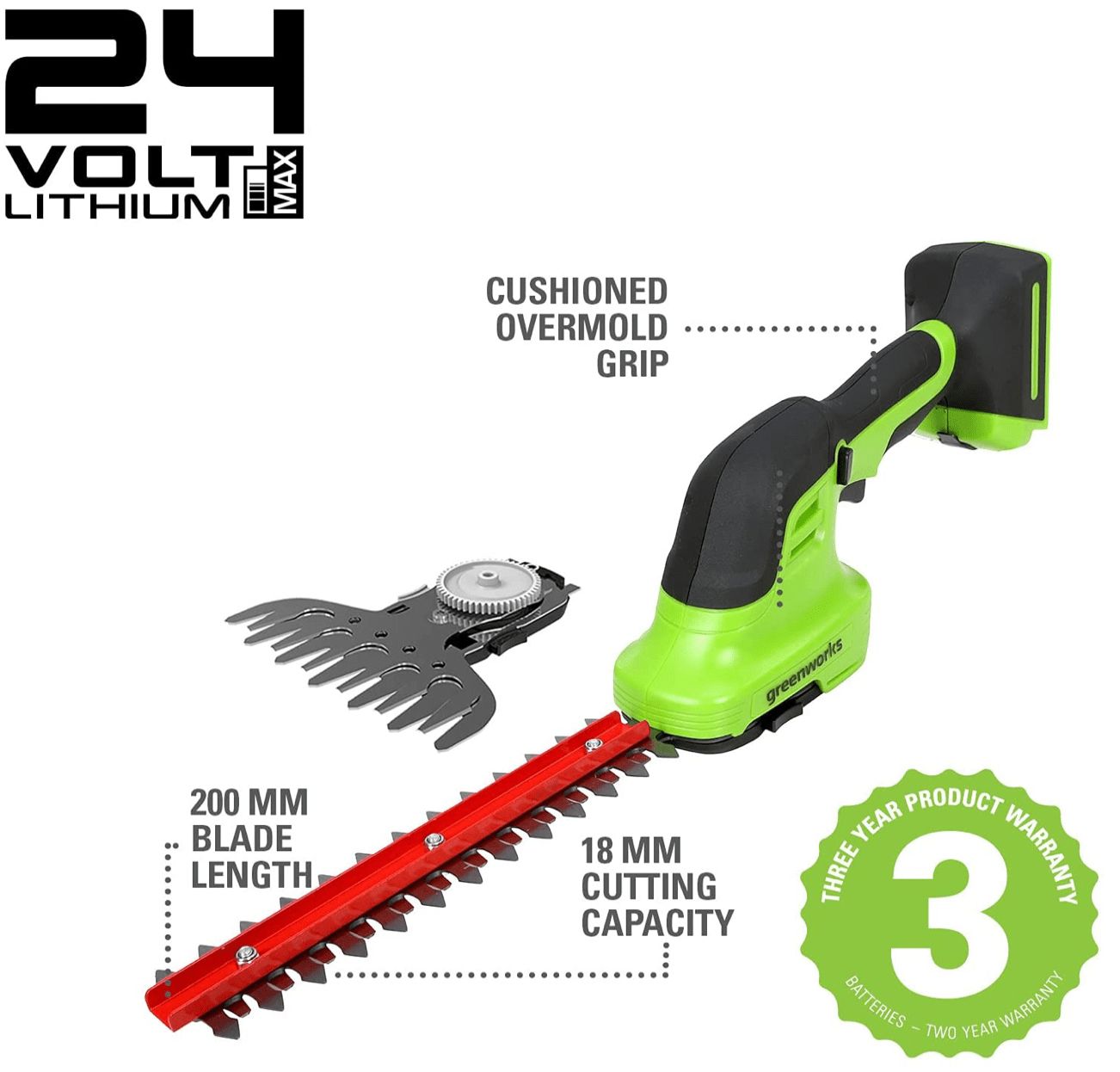 Greenworks 24V Lithium-Ion Cordless Shrub Shear - 12cm Blade - Black/Green