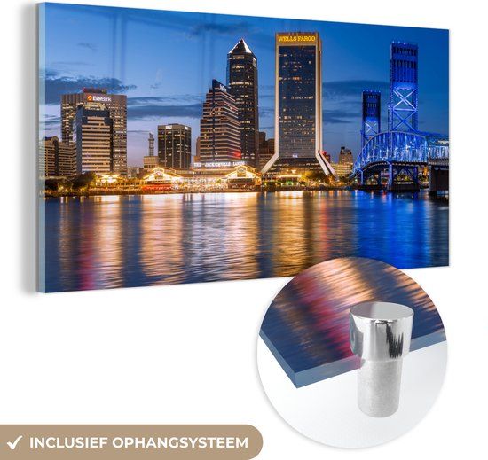 MuchoWow® Glasschilderij 120x60 cm - Acrylglas schilderij - Jacksonville skyline - Foto op glas