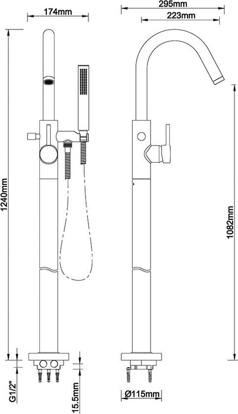 Wiesbaden Caral Vrijstaande Badmengkraan - Geborsteld Messing - Met Handdouche