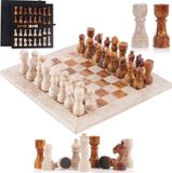Jeu d'échecs en marbre, 30 cm, 32 pièces + 2 dames, en travertin et marbre rouge